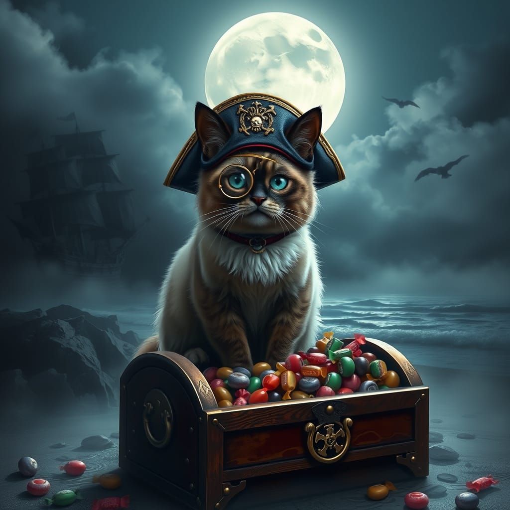 Siamese Cat Pirate Captain on Candy Treasure Chest