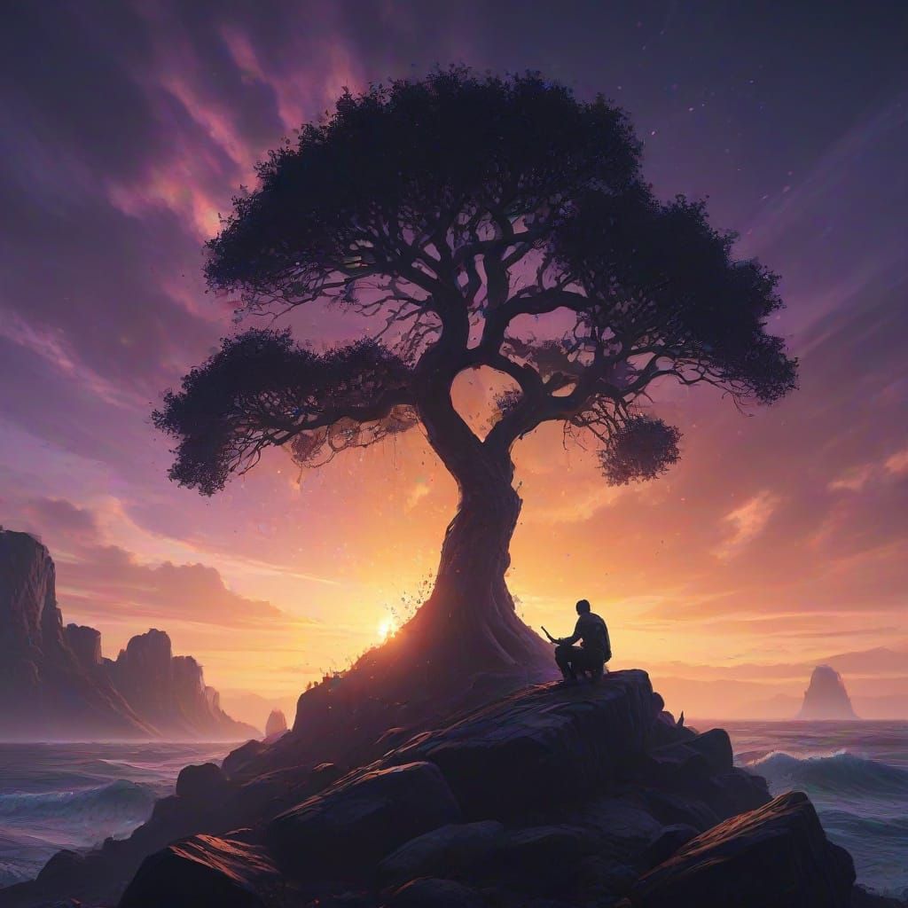 Stone Golem Reads by Fiery Tree Under Stormy Sea with Shooti...