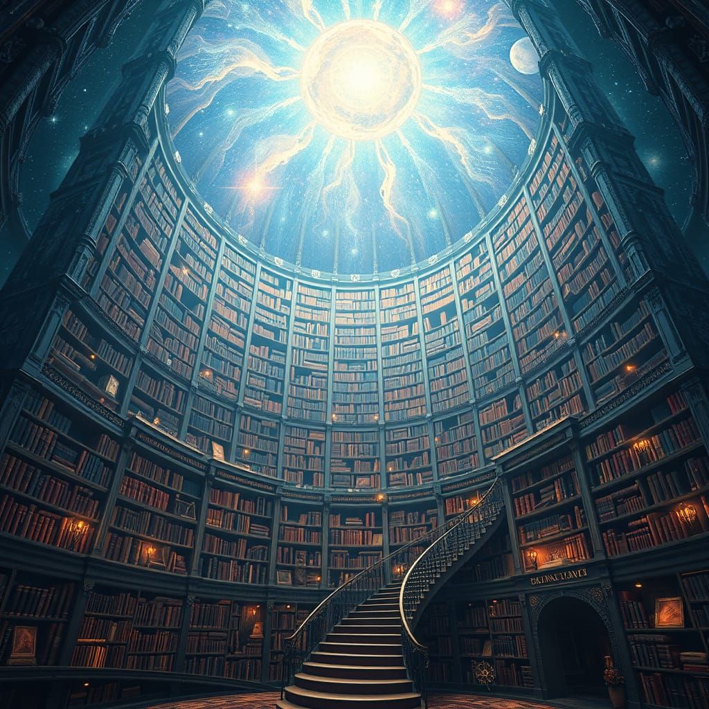 Cosmic Library with Starry Bookshelves in Surreal Style