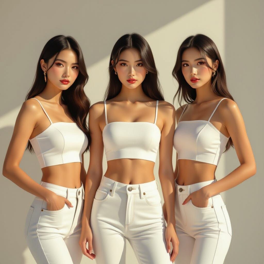 Three Women in White Jeans, Hyper-Realistic Style