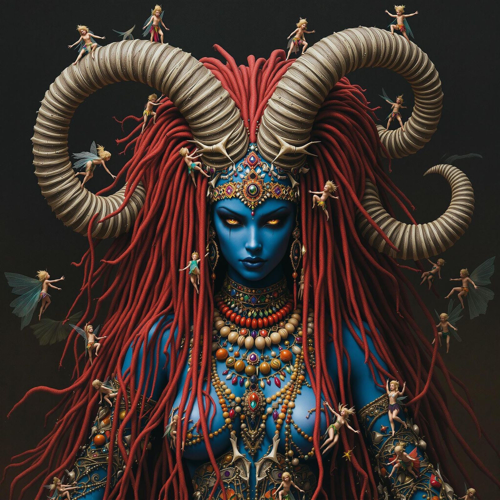 Giant Blue Goddess with Elves in Surrealist Style