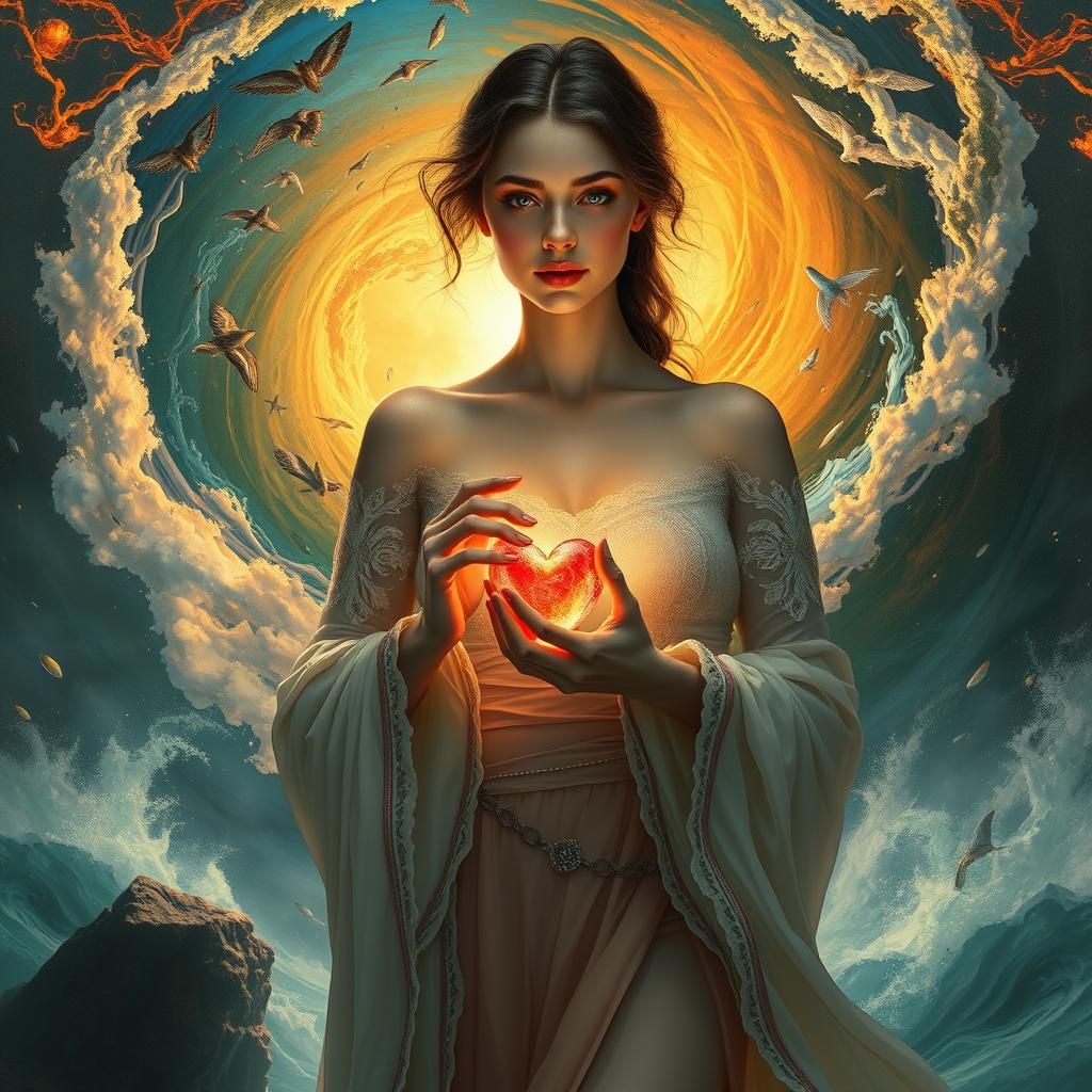 Ethereal Woman Shielding Heart in Elemental Vortex