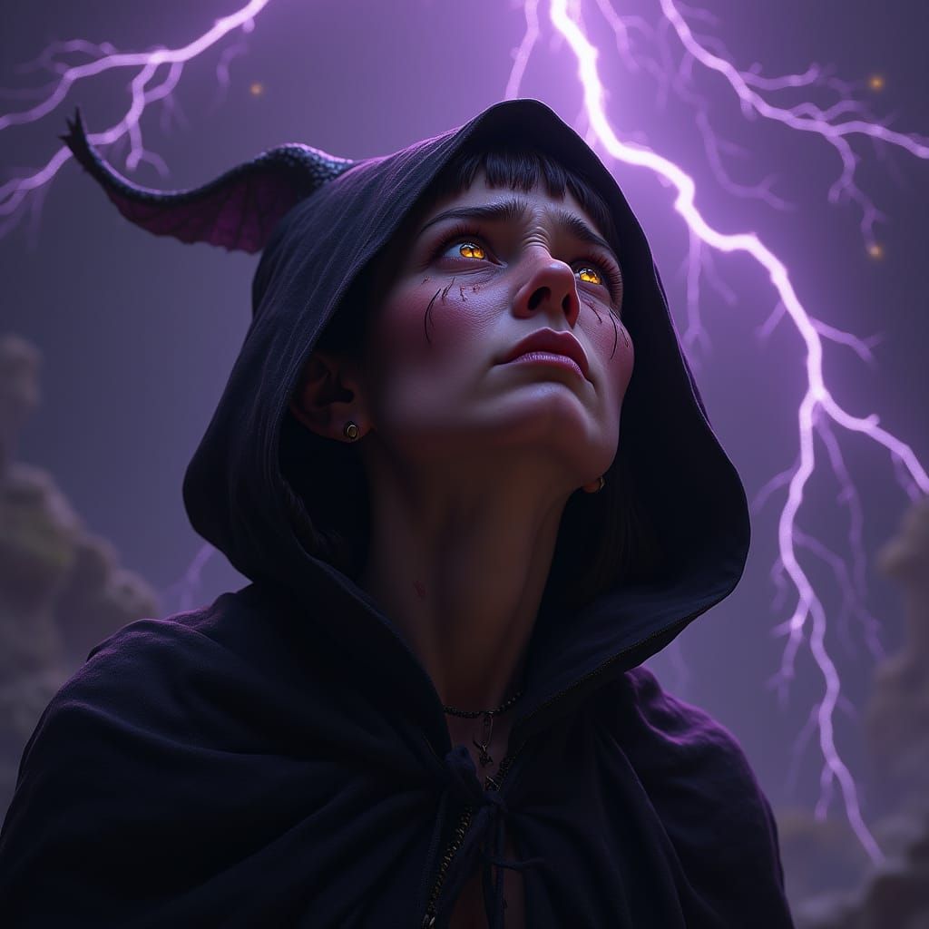 Dark Fantasy Woman Gazing at Lightning Storm
