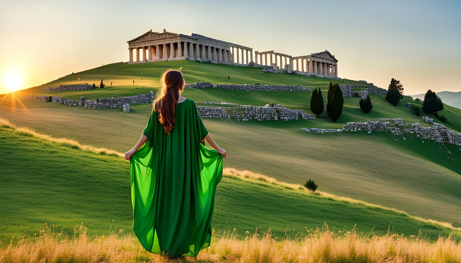 Greek Temple Sunset with Woman in Tunic