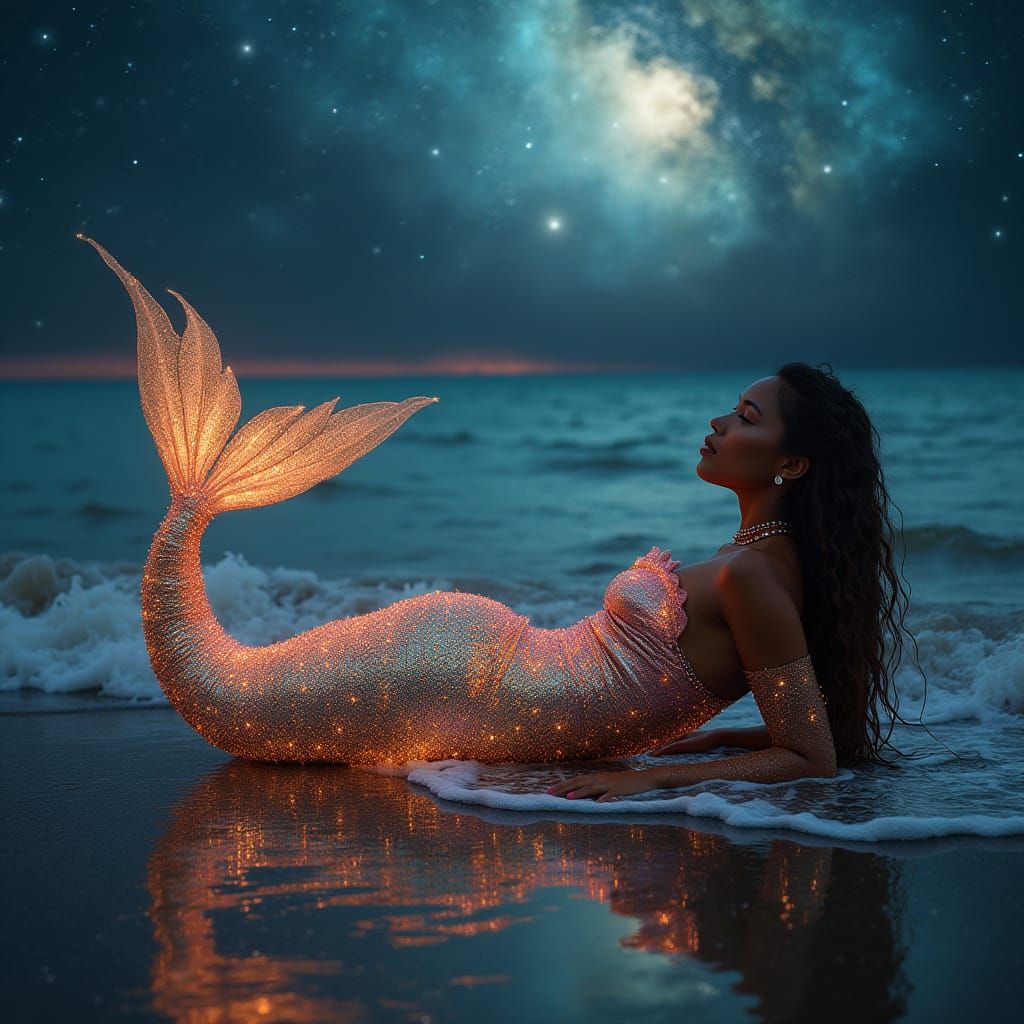 Mulatto Mermaid in Nebula-Filled Sky, with Rosengold Tail an...