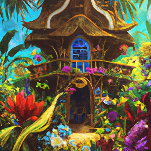 Tropical Treehouse Gouache Painting with Exotic Flowers