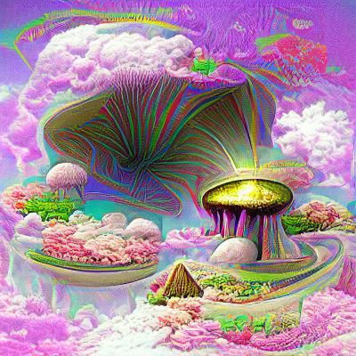 Psychedelic Mushroom Town with Flying Saucers