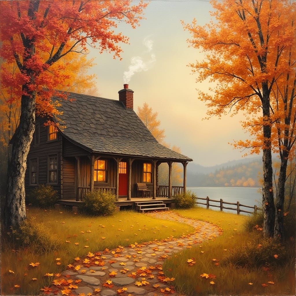 Cozy Autumn Cabin Scene in Impressionist Style