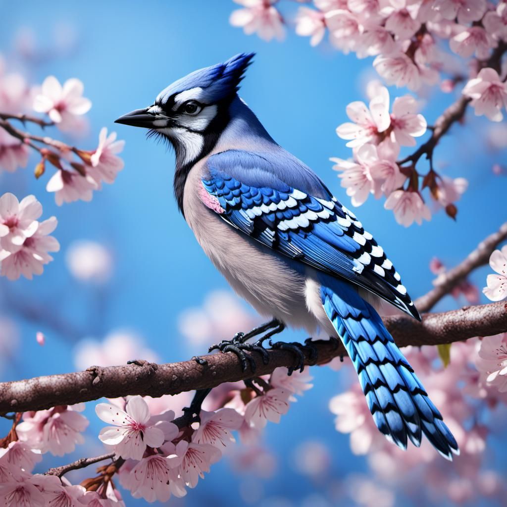 Blue Jay in Cherry Tree with Sakura Petals