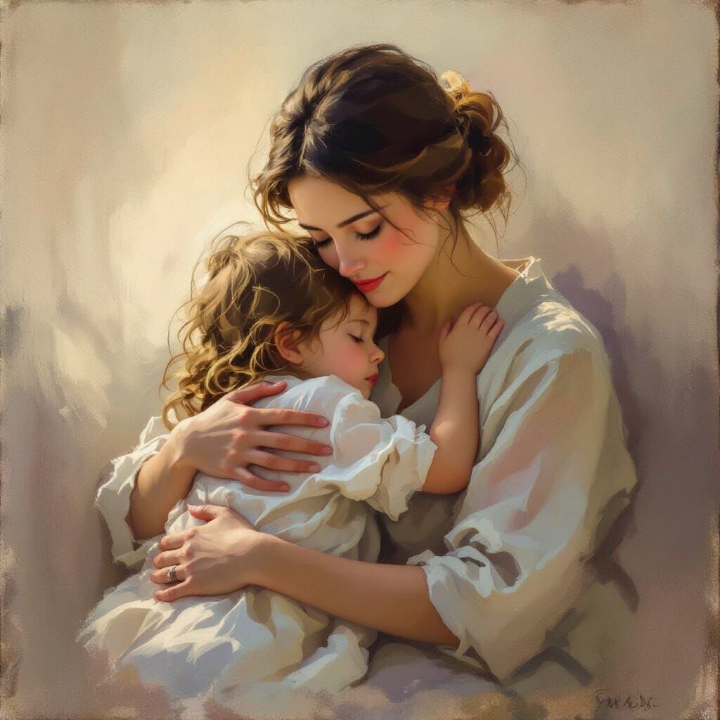 Tender Mother and Child Embrace in Impressionistic Style