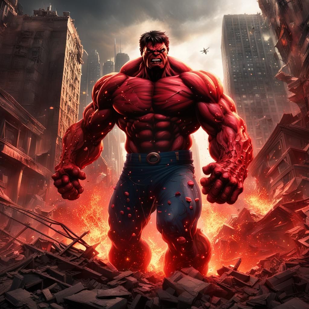 Red Hulk Cityscape Smash in Comic Book Style