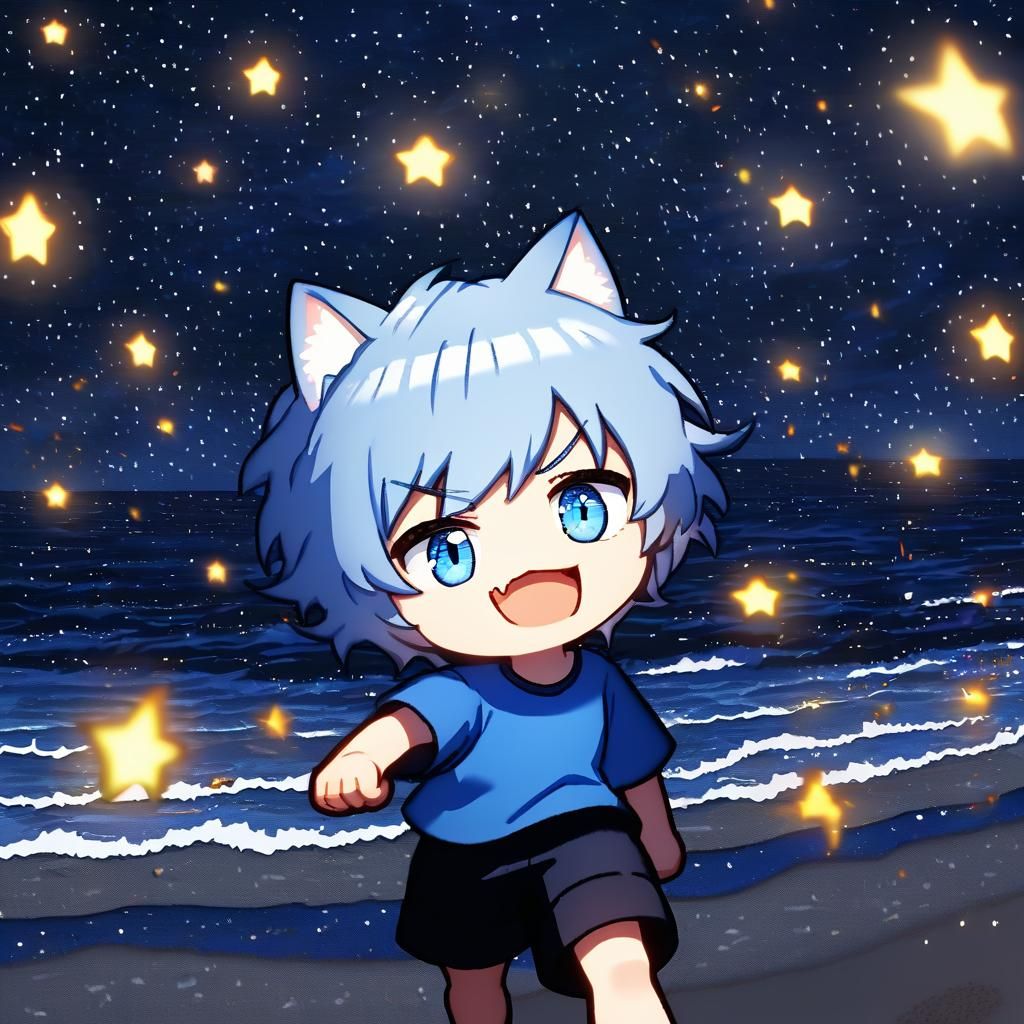 Adorable Catboy with Blue Eyes on Starry Beach