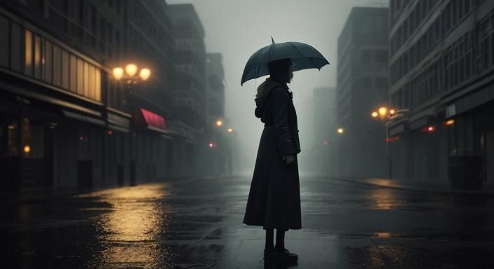 Broken Woman in Rainy City Street: Cinematic Still