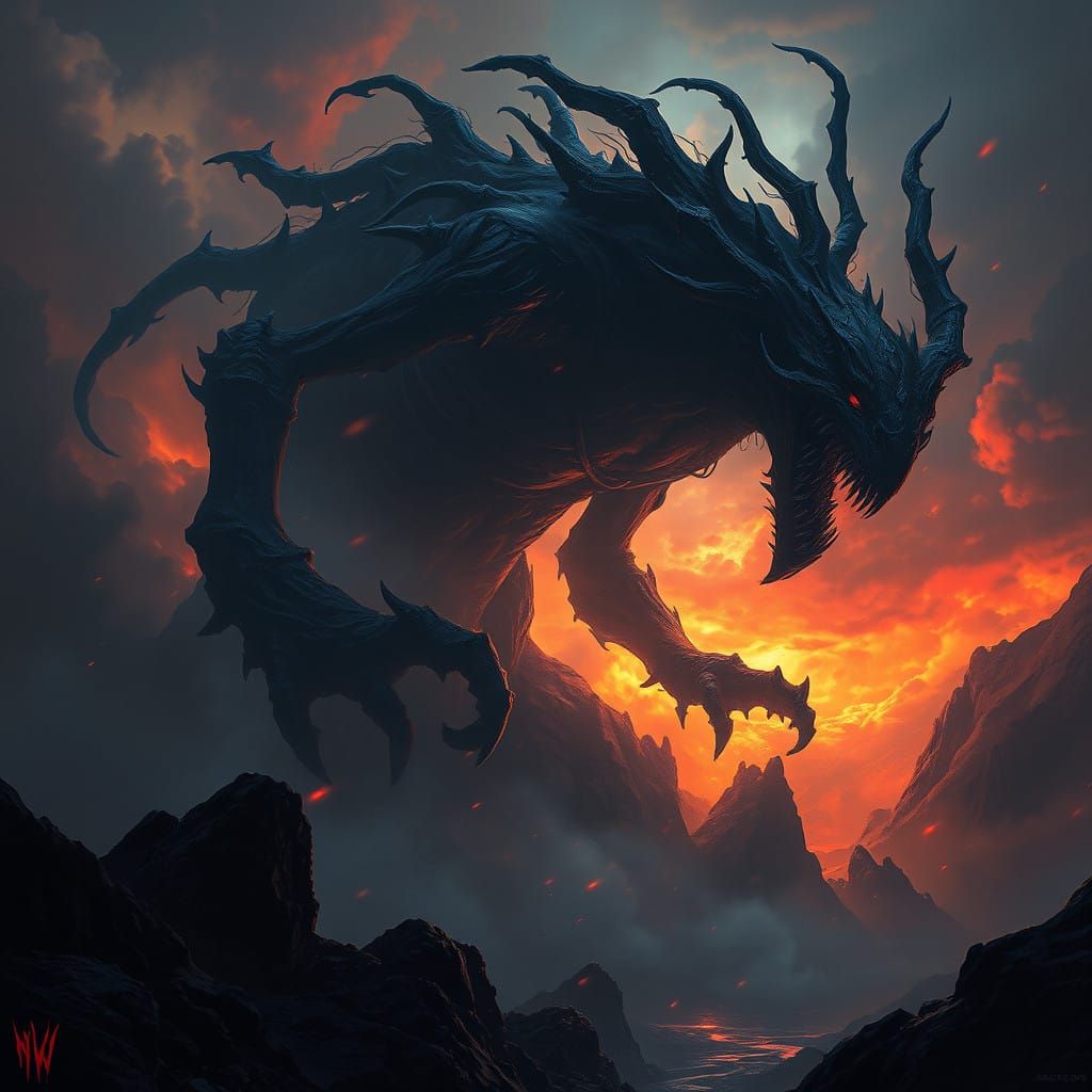 Mysterious Shadow Demon Rises from Darkness in Matte Paintin...