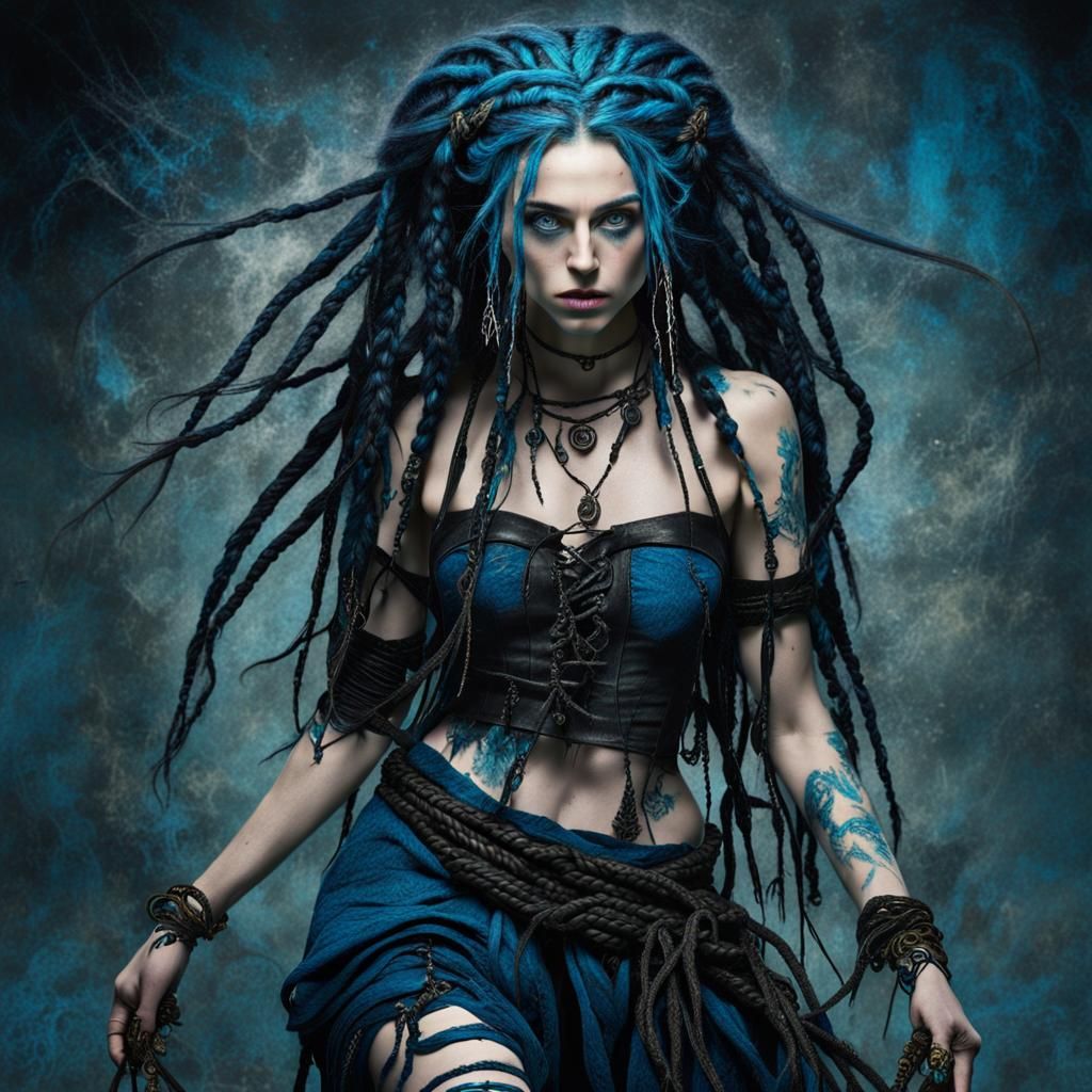 Blue-Haired Witch in Dark Fantasy Style