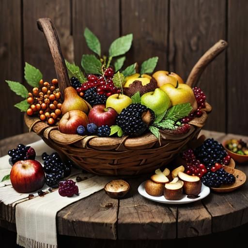 Autumnal Bounty Still Life on Rustic Table
