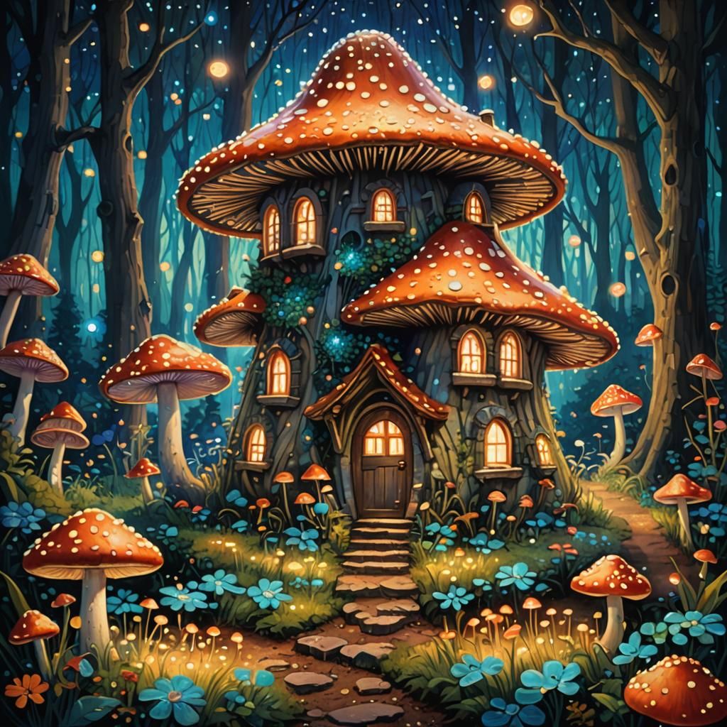 Enchanted Mushroom House in Bioluminescent Forest, Pointilli...