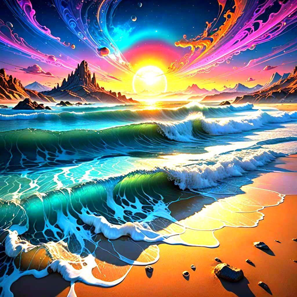 Epic Cosmic Sunset on an Alien Beach in Vibrant, Detailed Co...
