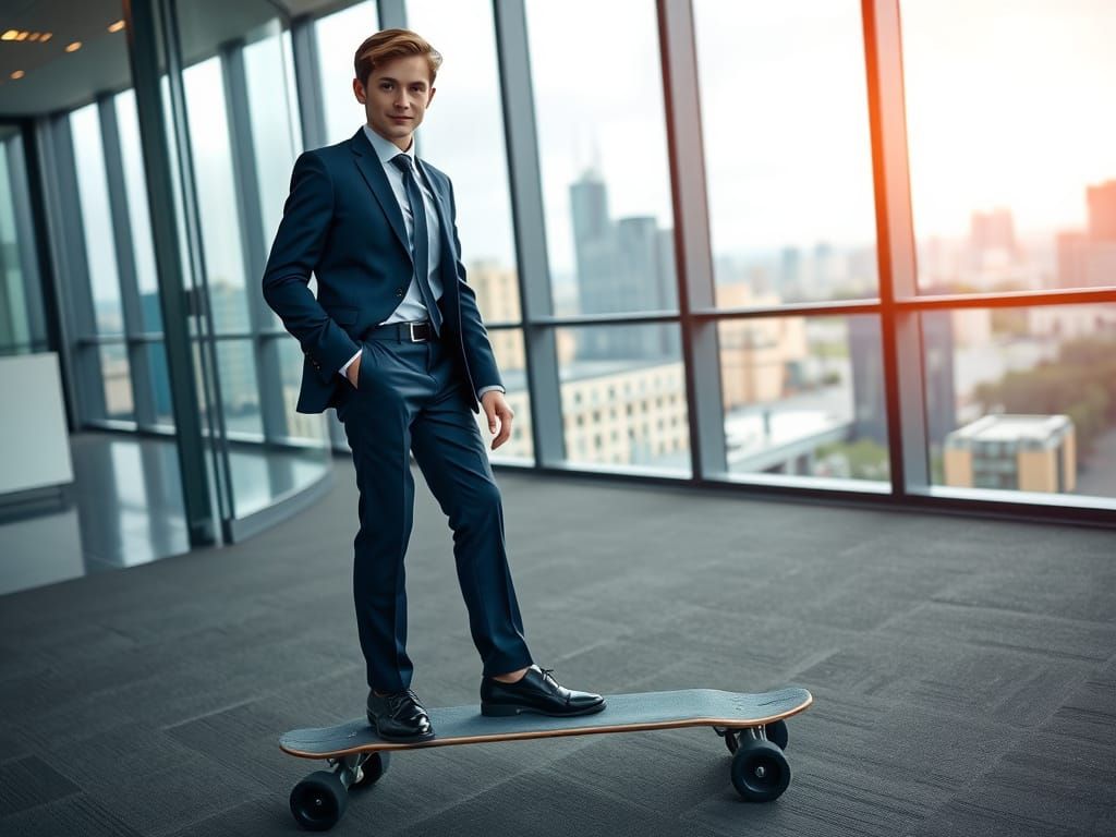 Confident Young Executive Rides Skateboard in Modern Office