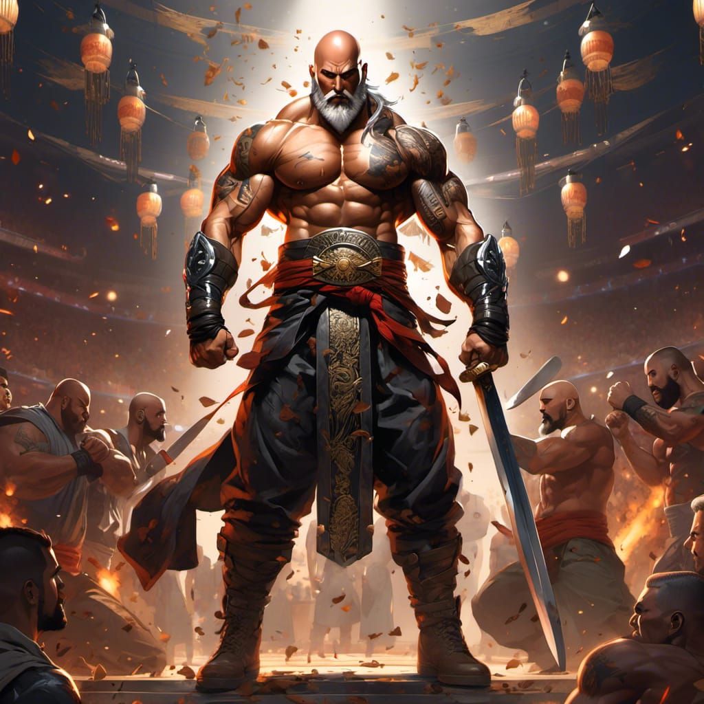 Anime Fighter with Tattoos and Championship Belt