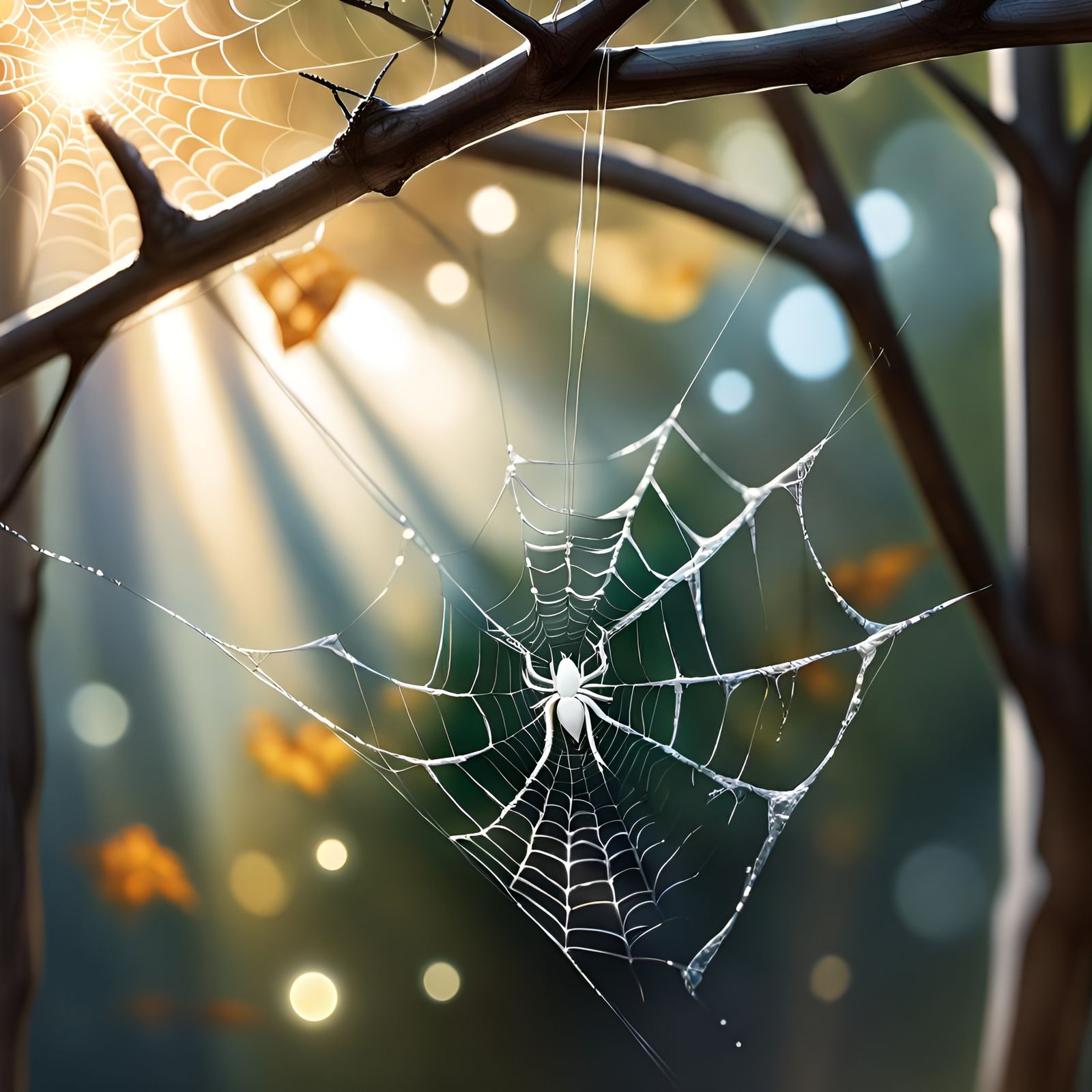 a spider web woven with a little spider luminous sunlit translucent silk windblown hanging down from a tree limb, preci...