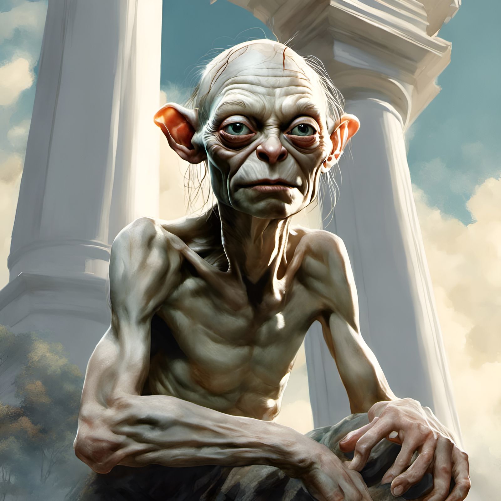 Gollum Portrait with Columns: Digital Illustration