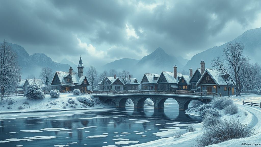 Whimsical Winter Village Scene in 2D Animation