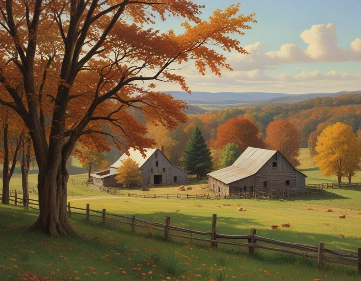 Autumn Farm Landscape in Bouguereau Oil Painting Style