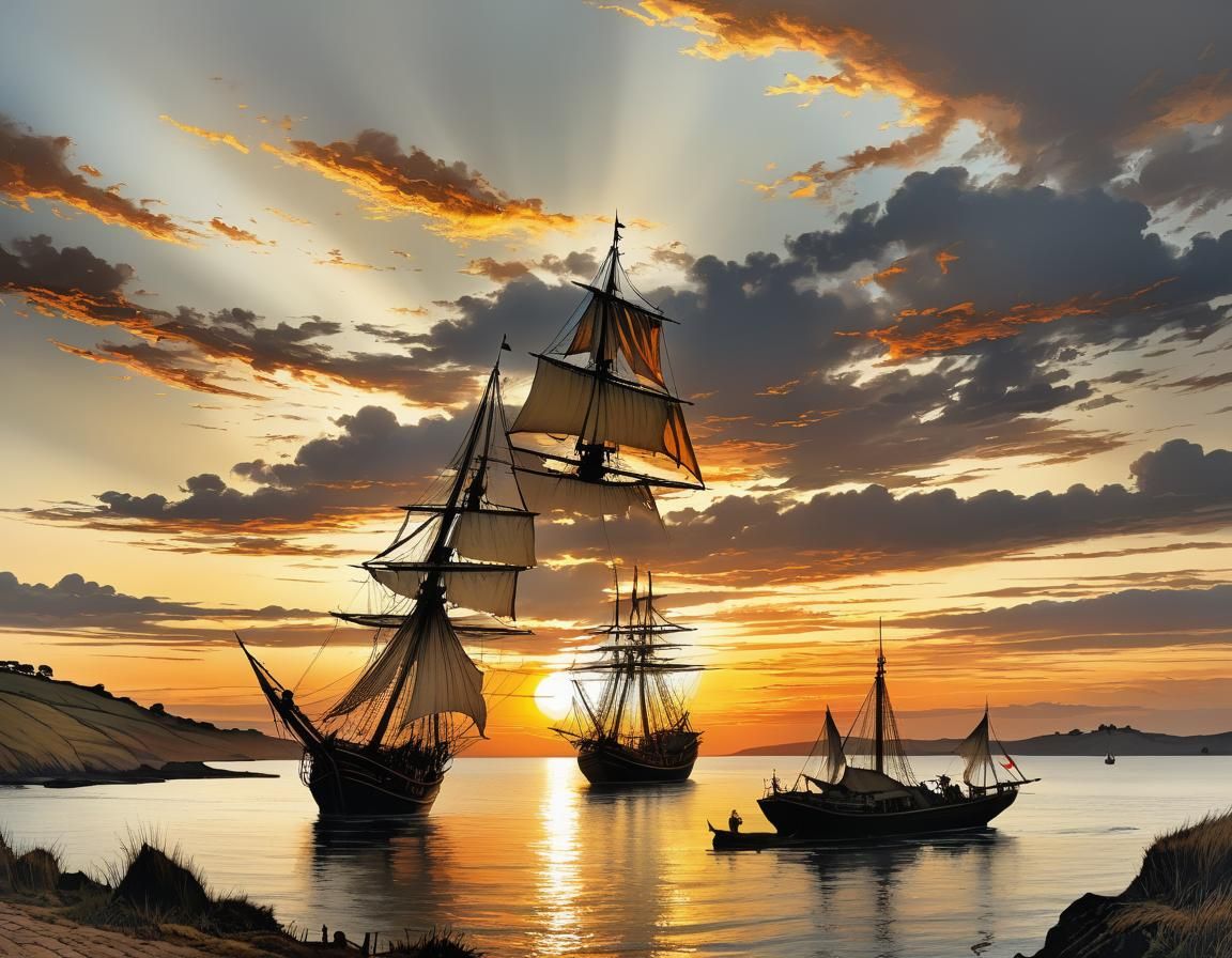 Sunset Sailing Ship: Expressive Fantasy Art