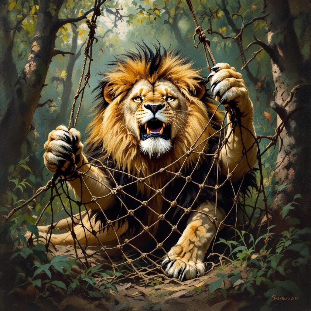 Majestic Lion Trapped in Hunter's Net