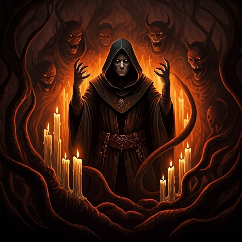 Warlock Summons Demons in Gothic Engraving Style