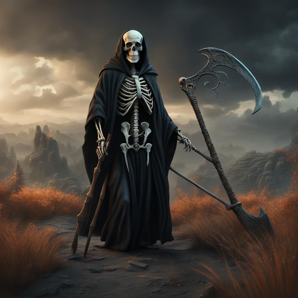 Grim Reaper Skeleton in Black Robe, Detailed Matte Painting