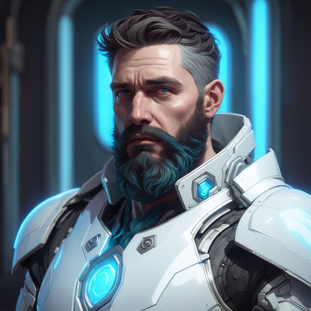Futuristic Portrait of Sad Man in Armor