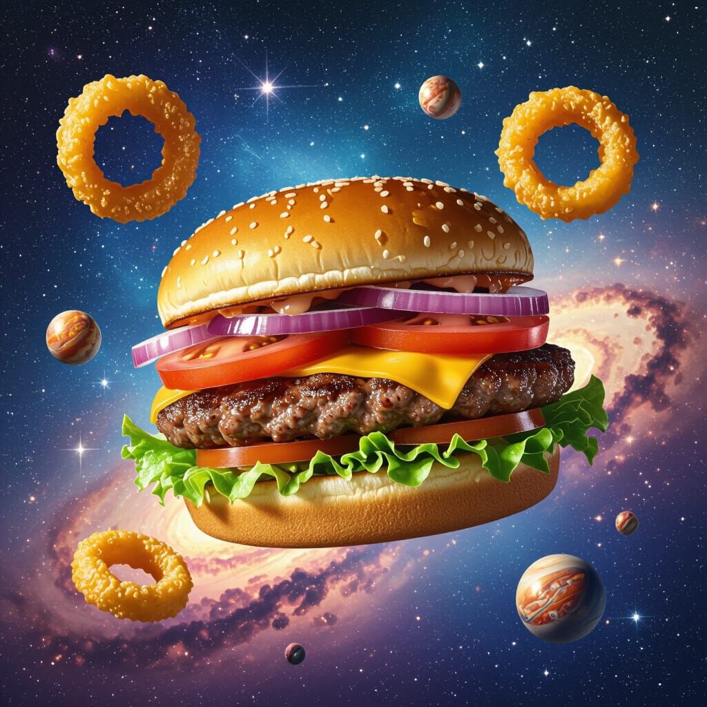 Burger Ingredients as Planets in Sci-Fi Matte Painting