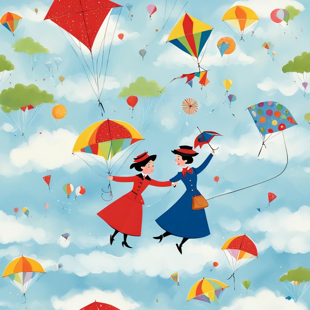 Mary Poppins Flying Kite: Whimsical Illustration