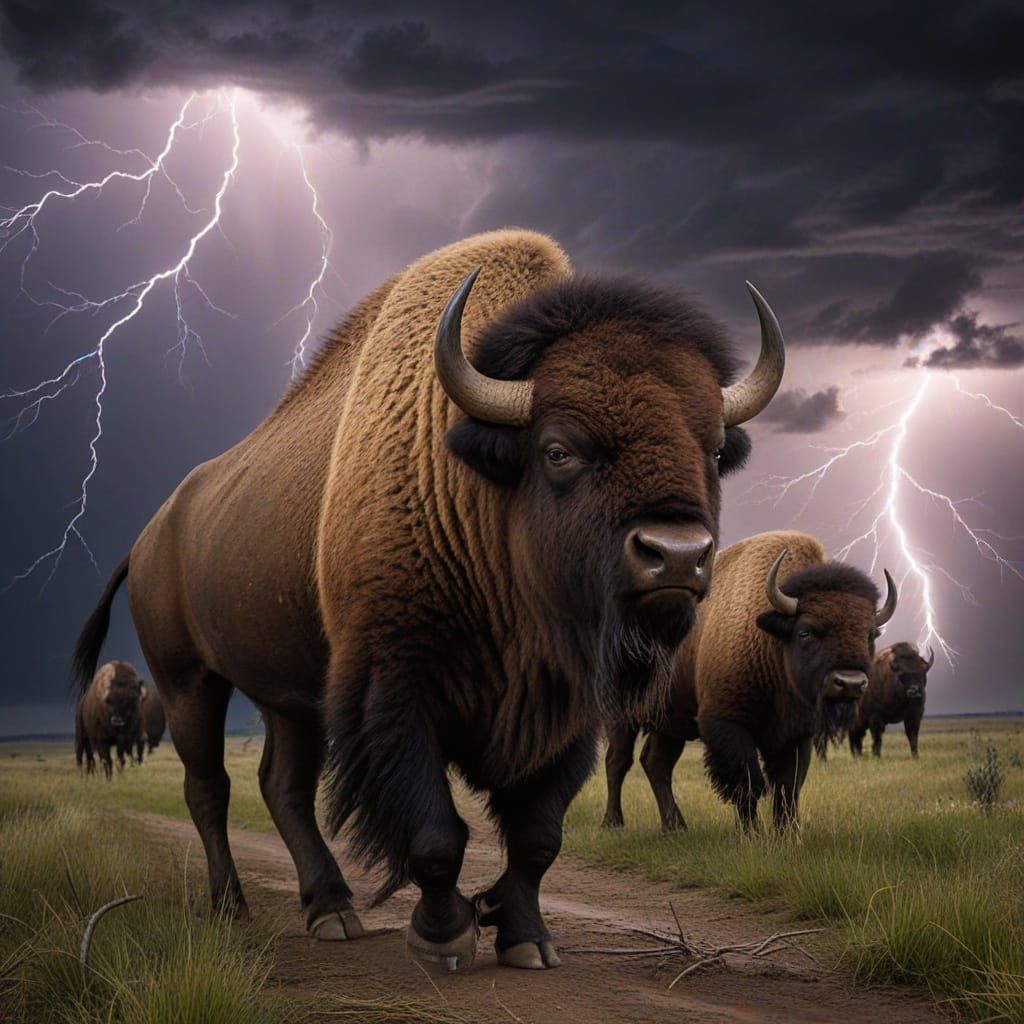 Bison Charge Through Stormy Plains