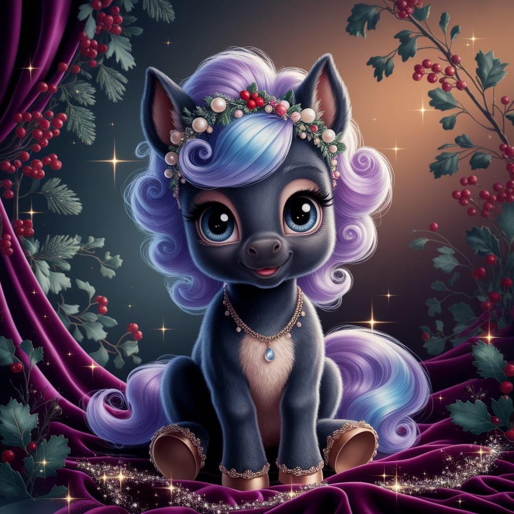 Fantasy Black Pony with Silver Mane and Pearl Crown