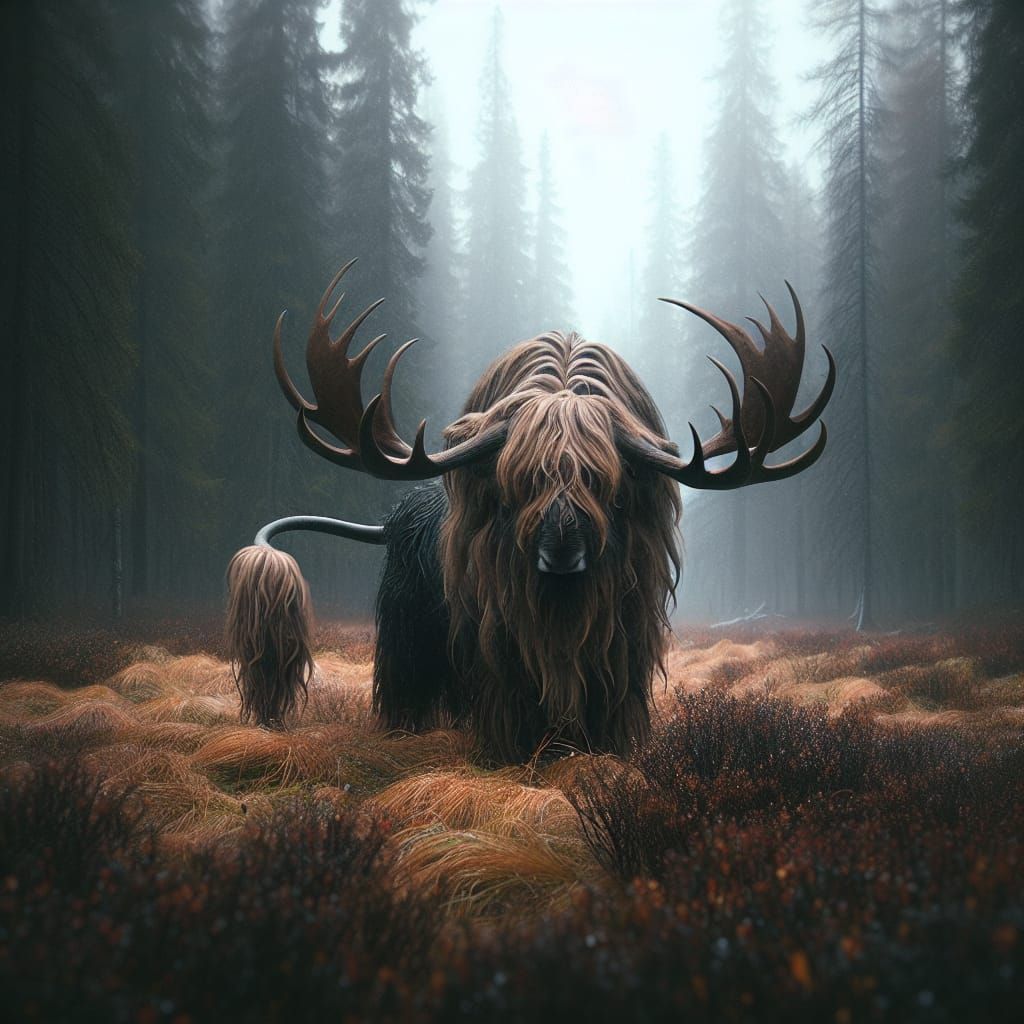 Hybrid Moose Buffalo Deer in Misty Forest
