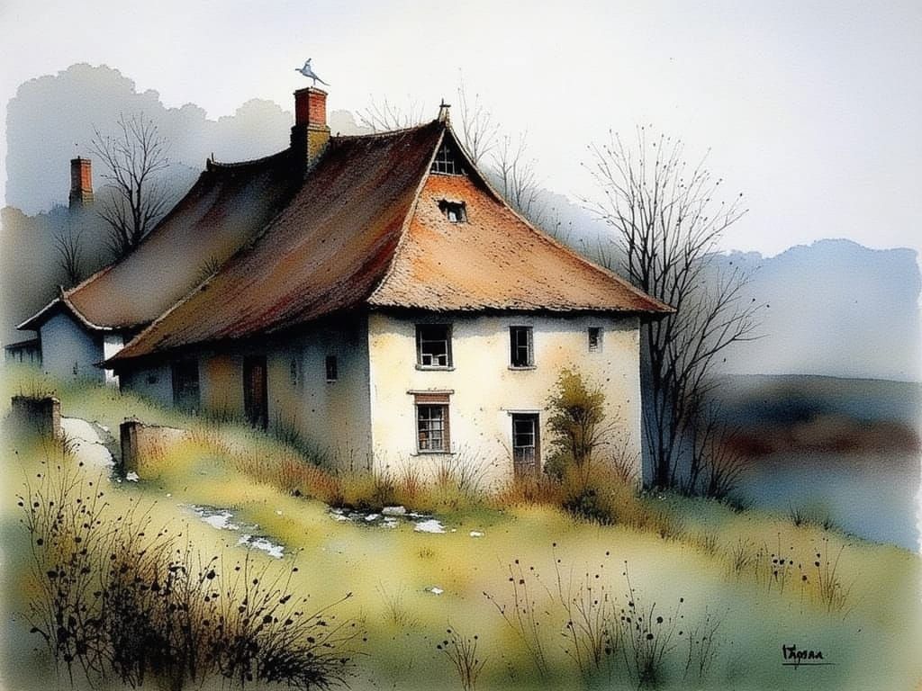 Whimsical Storks Perched on Ancient Barn Rooftop