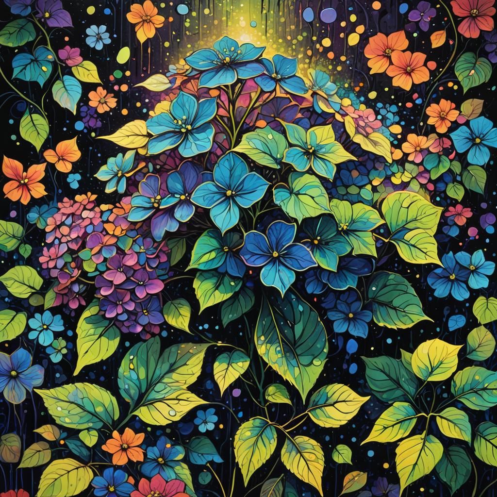 Enchanted Hydrangea Blooms in Neon Alleyway