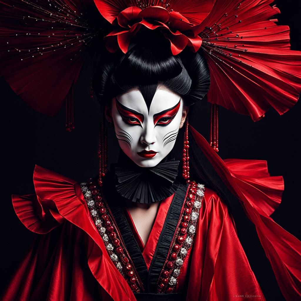 Dramatic Kabuki Mask Portrait in Red and Black