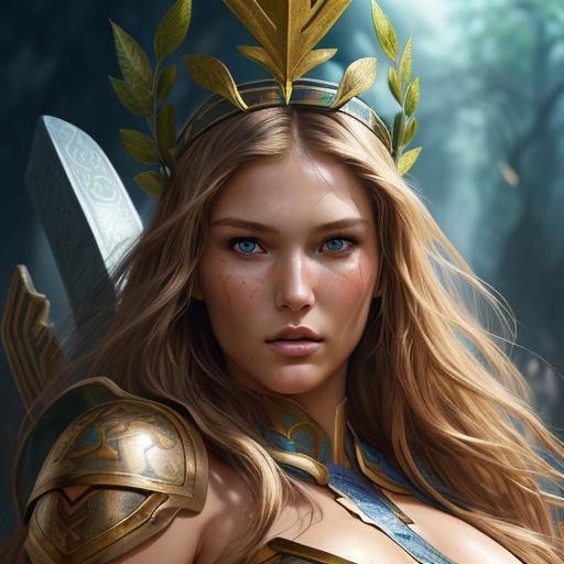 Bar Refaeli as a warrior, wearing laurel wreath.