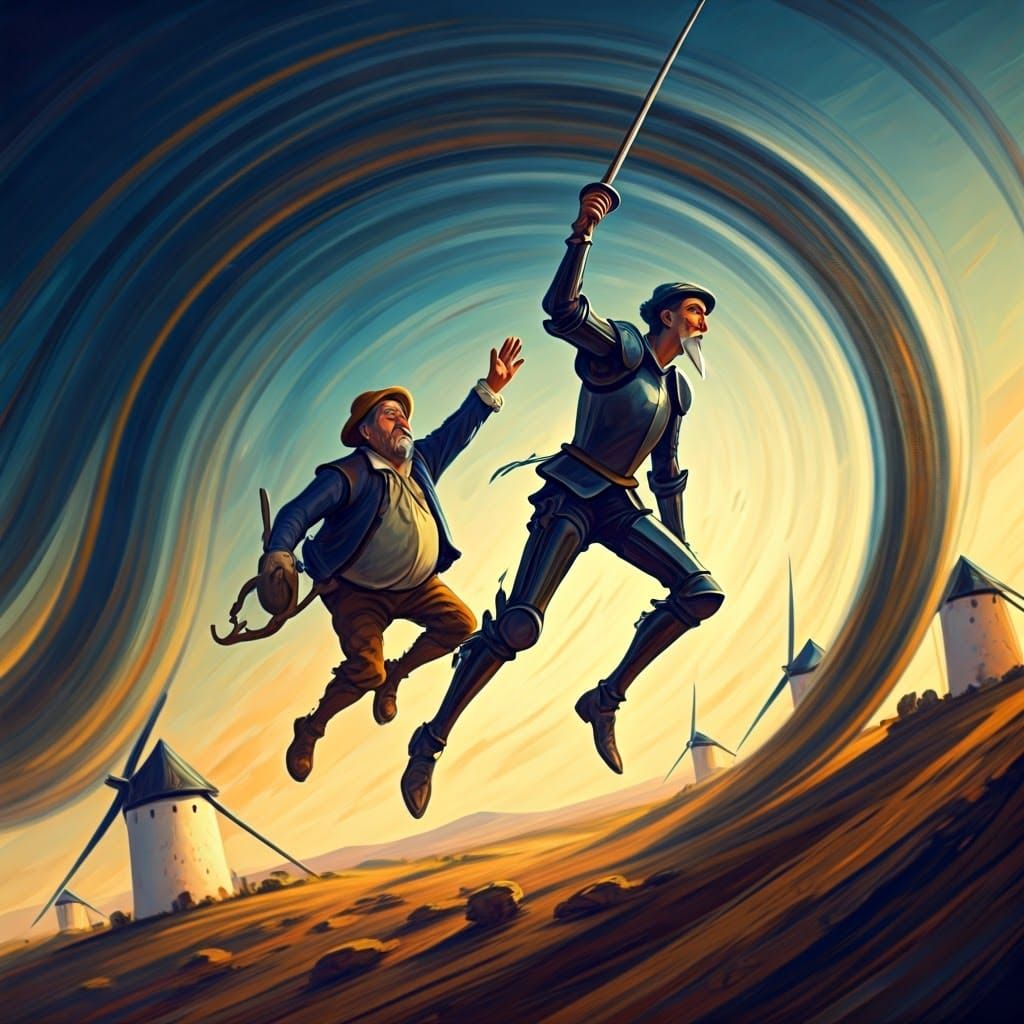 Surrealist Don Quixote Battles Windmills in a Dynamic, Expre...
