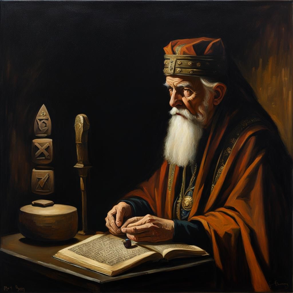 Fantasy Seer Reading Runes in Classic Art Style
