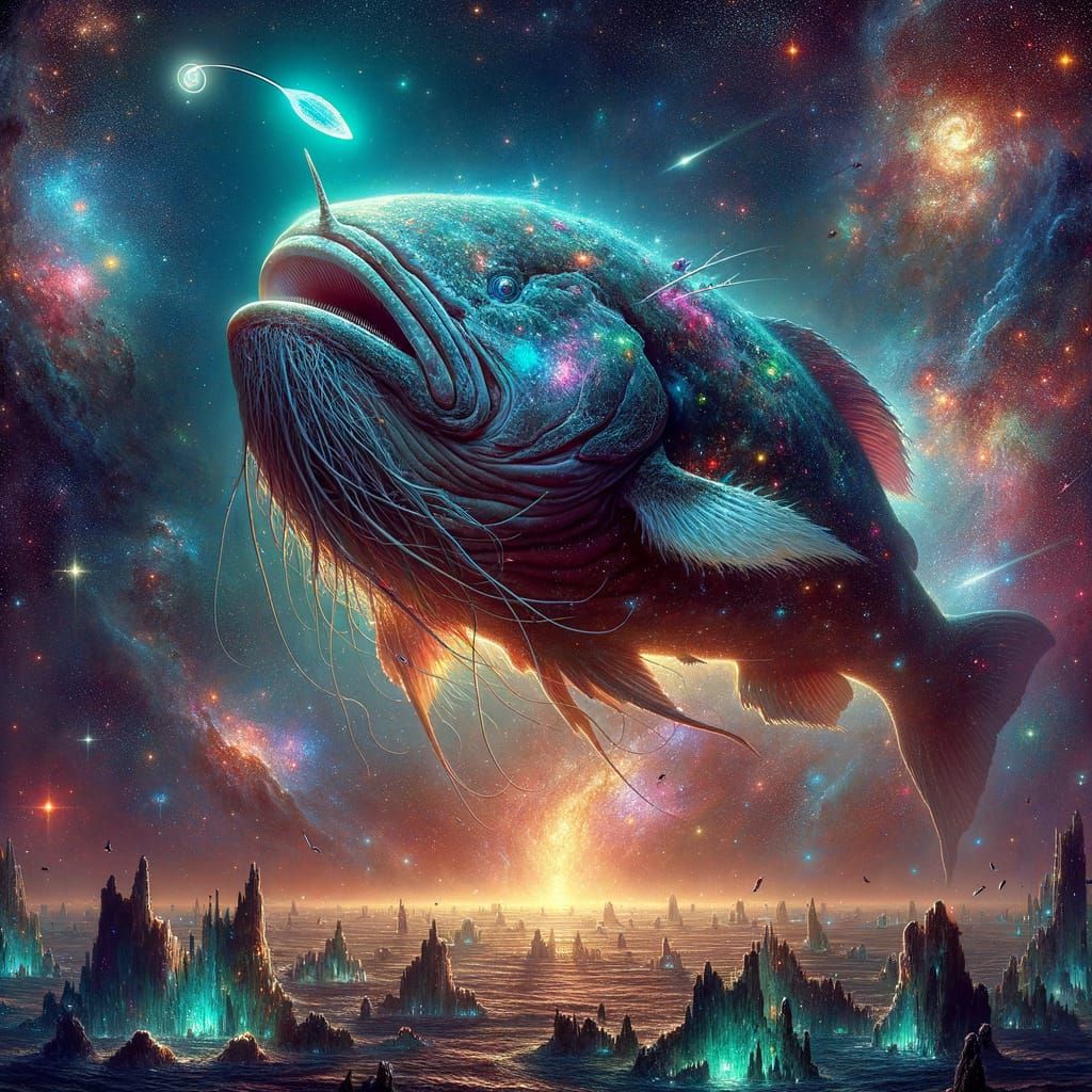 Cosmic Whale-Sized Anglerfish Drifting Through Nebula