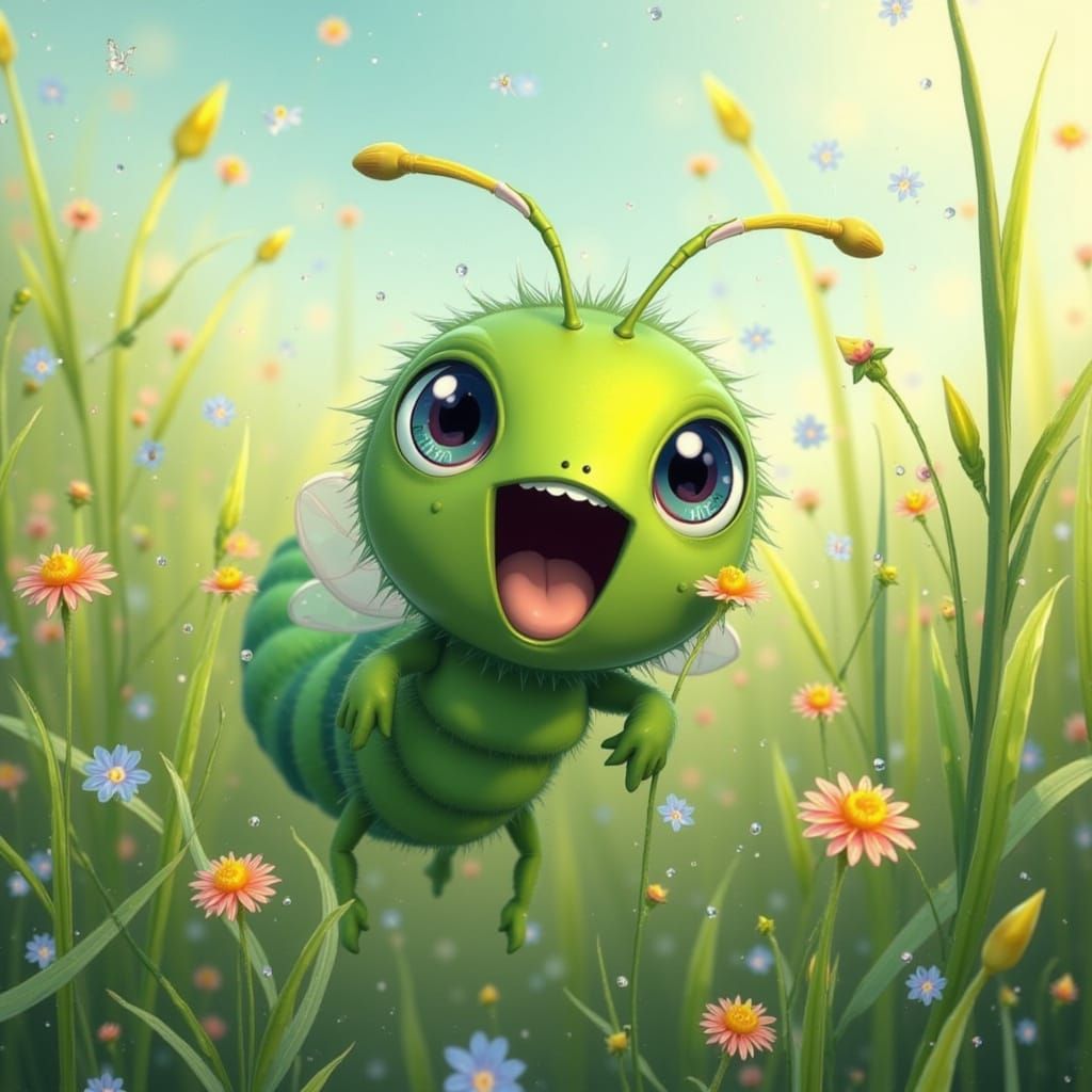Cartoon Caterpillar Eating Grass