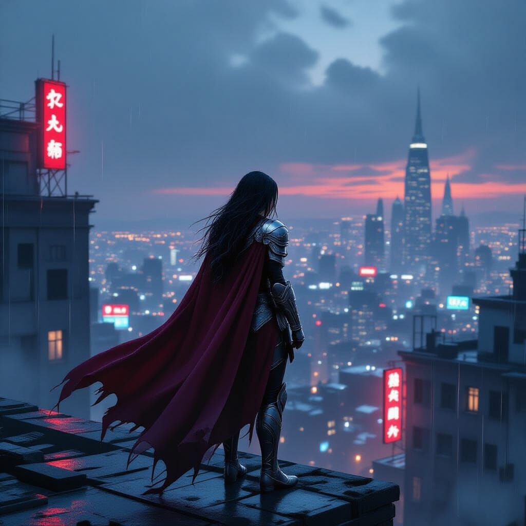Warrior Woman on Rooftop Overlooking Neon Metropolis at Twil...