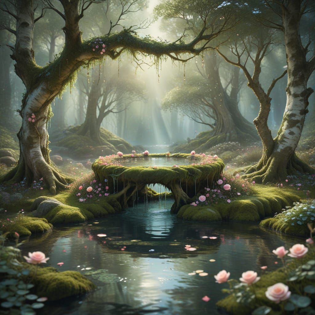 Mystical Well in Ancient Birch Forest