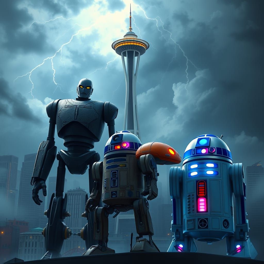 Robots Unite in Futuristic Seattle Stormscape