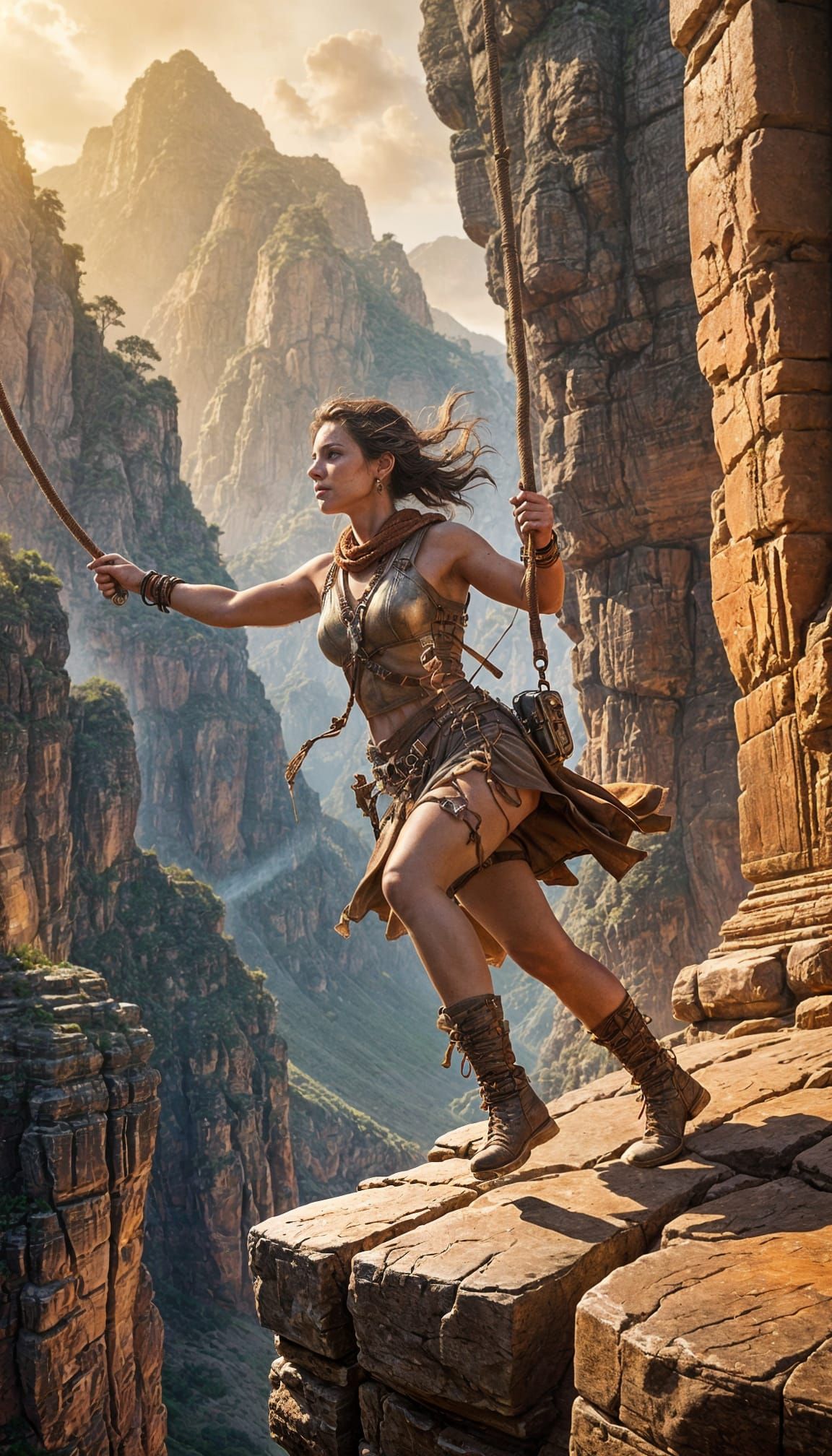 Adventurer at Ancient Temple Edge with Torch